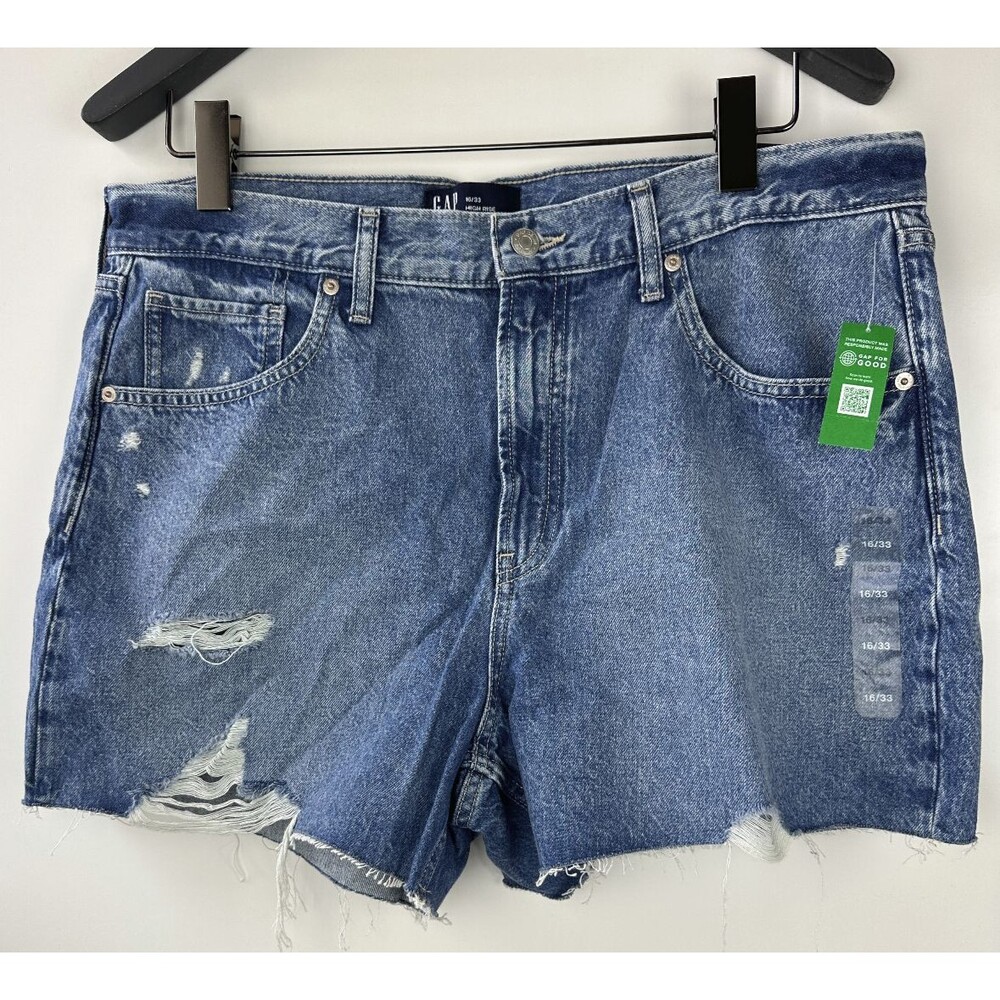 NWT GAP High Rise Destructed Stride Shorts Blue Denim Jean Distressed Size 16 33 - Picture 10 of 10